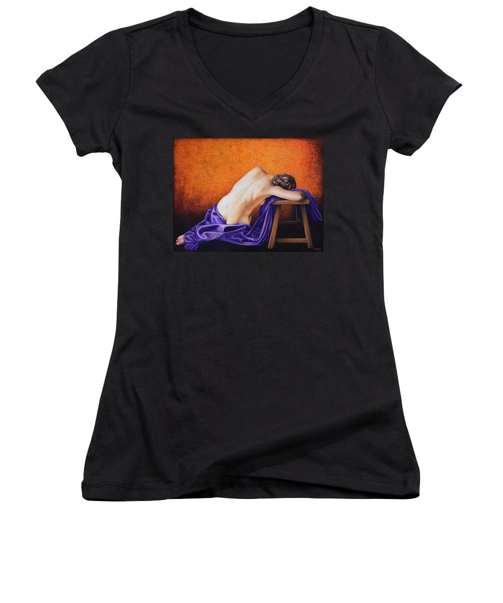Nude Women's V-Neck featuring the painting Sylph in Purple by Horacio Cardozo