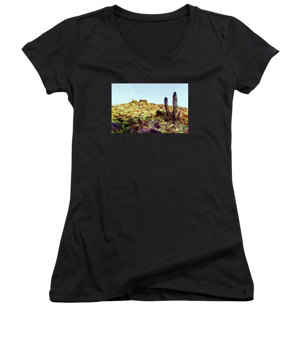 Cynthia Pride Watercolor Paintings Women's V-Neck featuring the painting The Desert Place by Cynthia Pride
