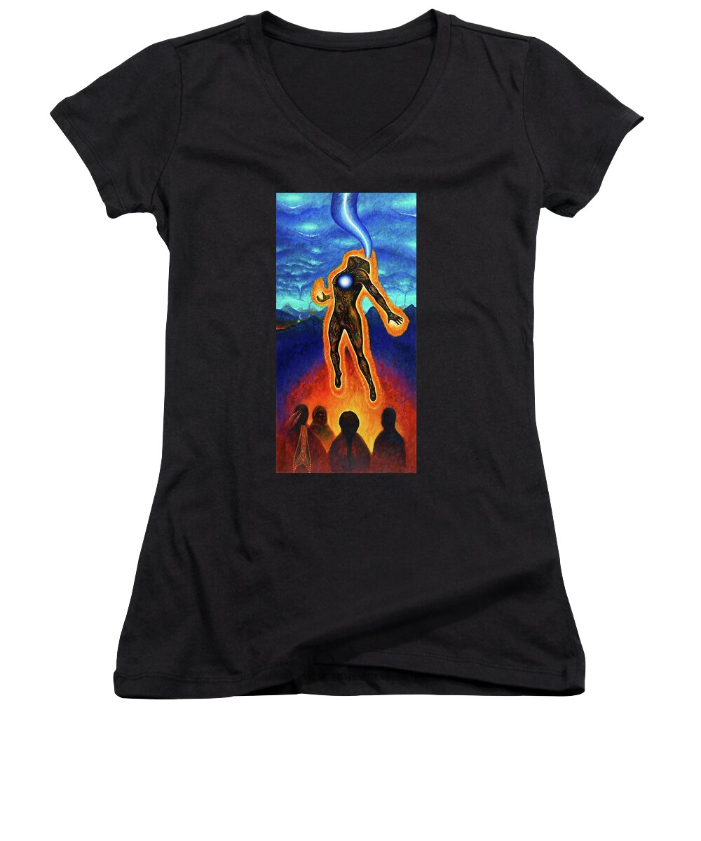 Native American Women's V-Neck featuring the painting The Harvest by Kevin Chasing Wolf Hutchins