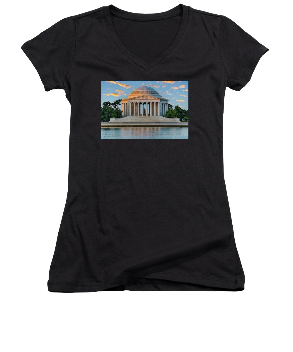 Thomas Jefferson Women's V-Neck featuring the photograph Thomas Jefferson Memorial at Sunrise by Sebastian Musial