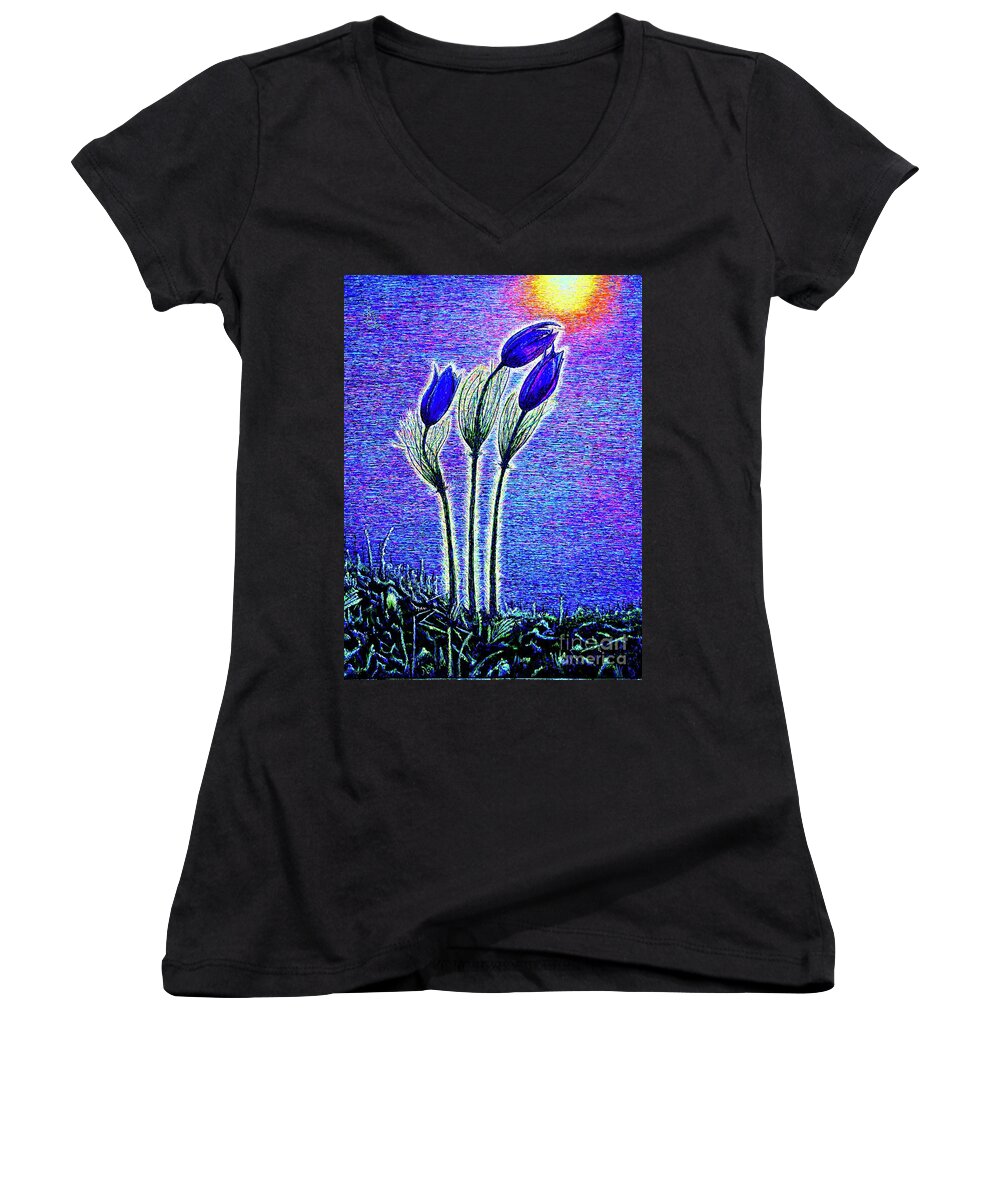 Three Women's V-Neck featuring the painting Three Flowers by Viktor Lazarev