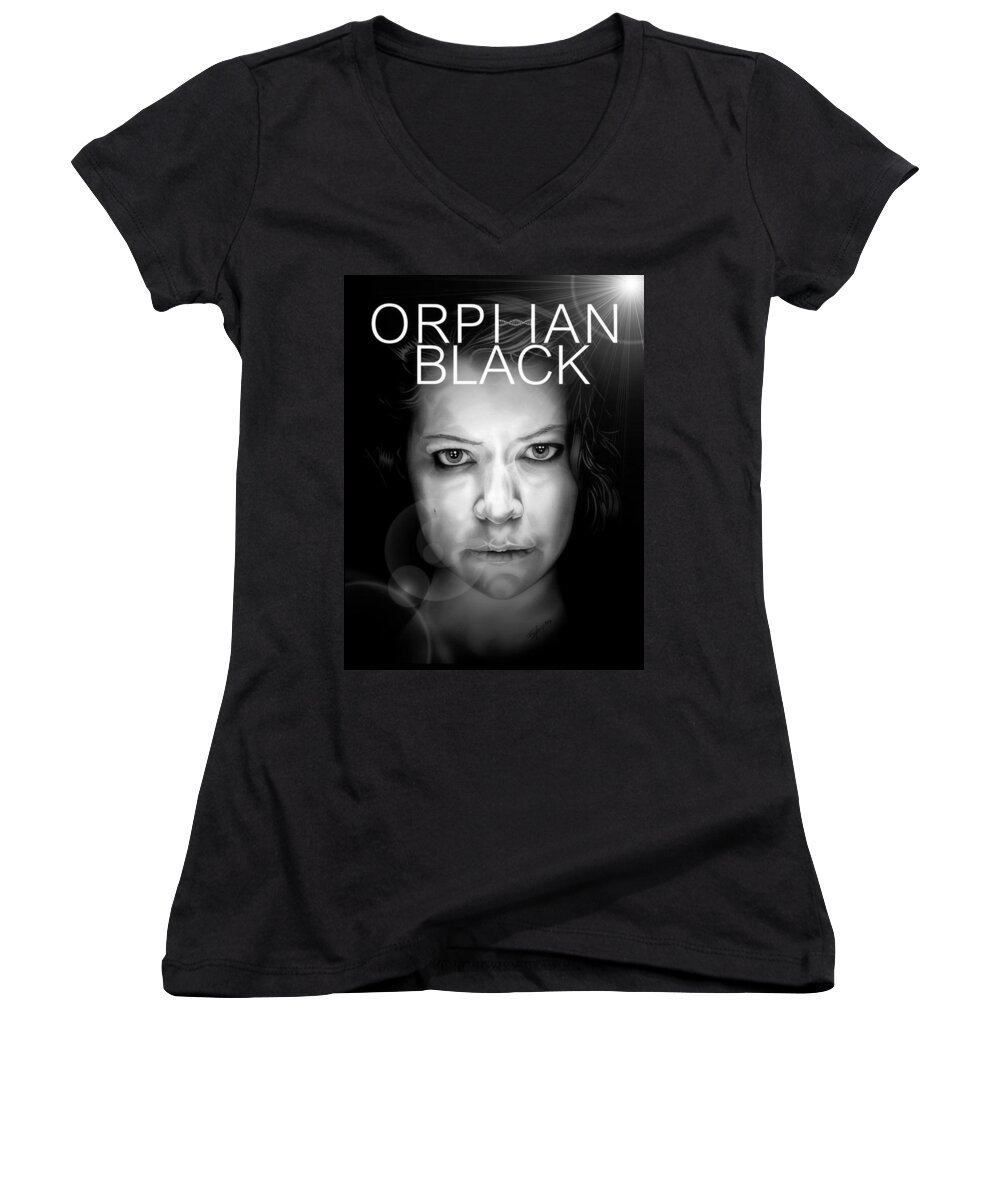 Sara Manning Women's V-Neck featuring the drawing Twins - Orphan Black - Sara Manning - Tatiana Maslany - Black and White Poster Edition by Fred Larucci
