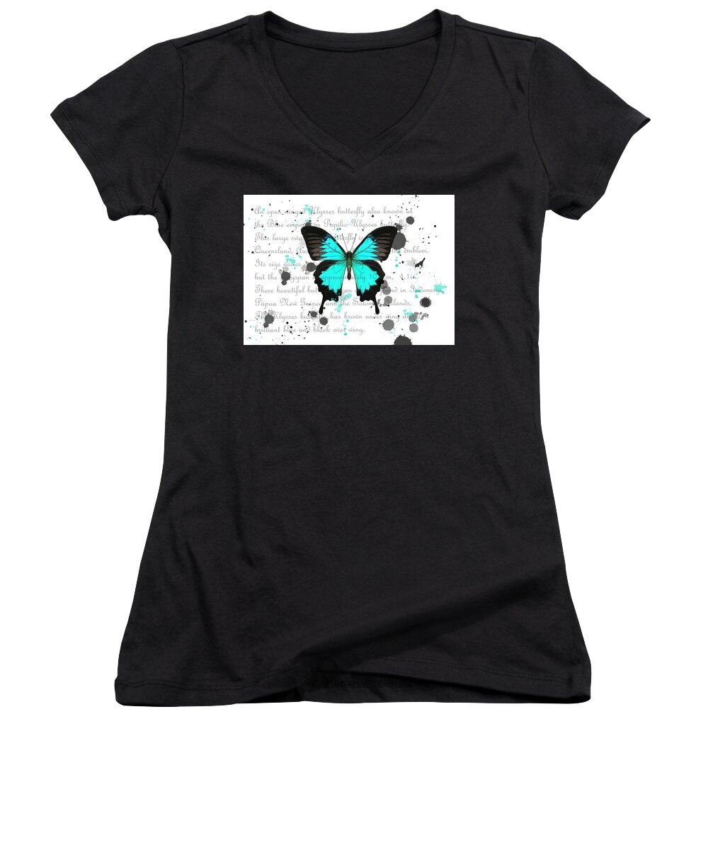Butterfly Women's V-Neck featuring the drawing Ulysses Butterfly White Background by Joan Stratton
