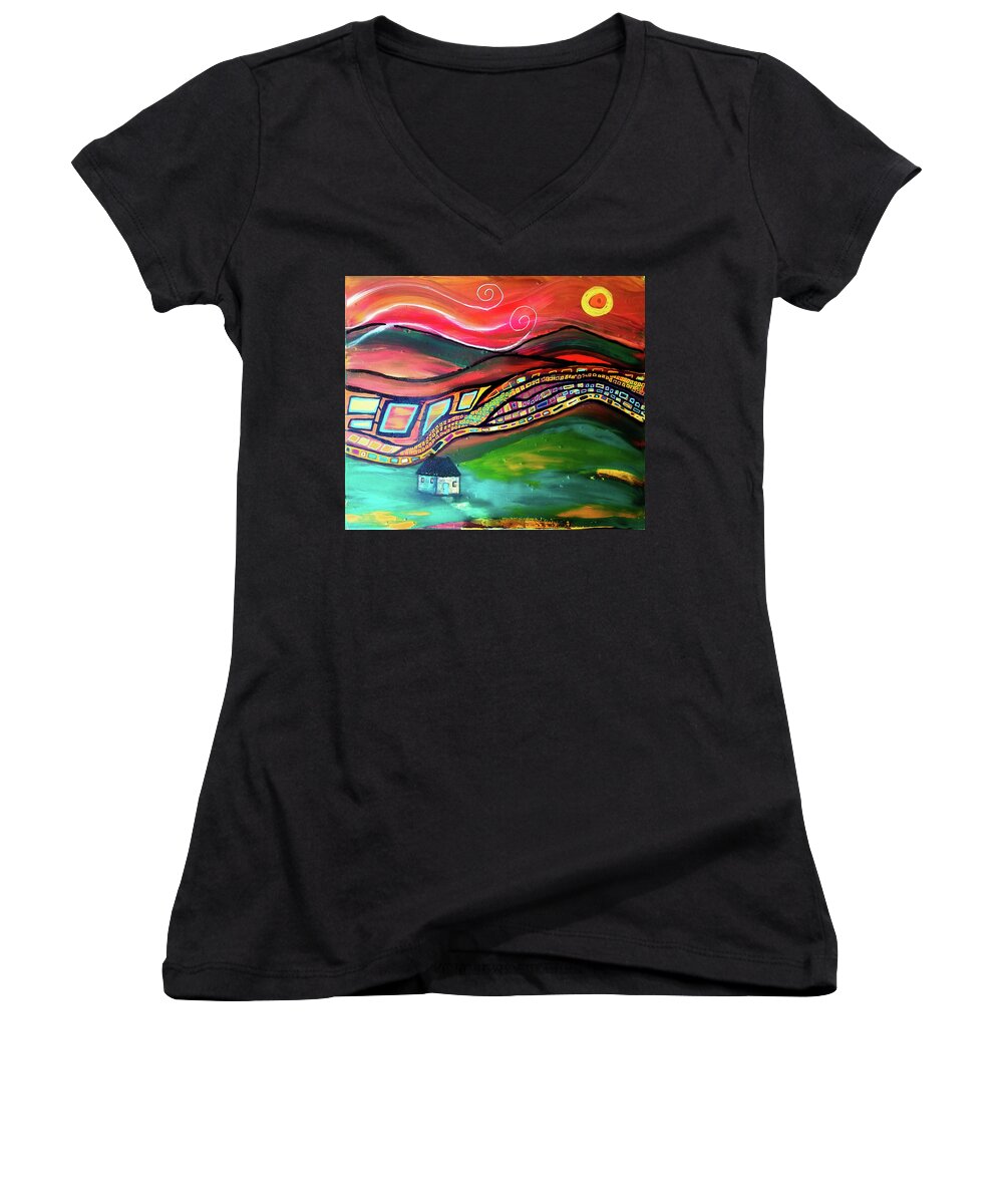Color Women's V-Neck featuring the painting Unto These Hills by Amy Shaw