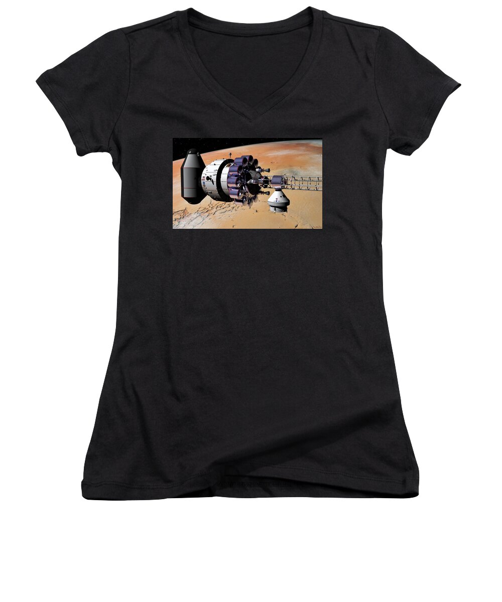 Spaceship Women's V-Neck featuring the digital art USS Hermes1 docking over Mars by David Robinson