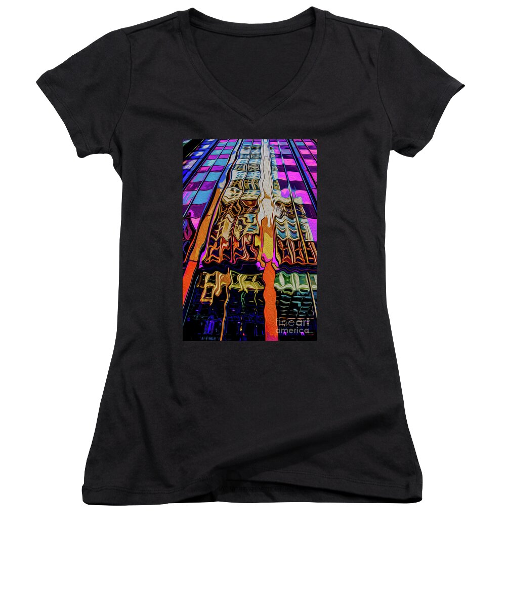 Contemporary Women's V-Neck featuring the digital art Vintage 1920s ornate skyscraper reflected in modern glass and st by Susan Vineyard