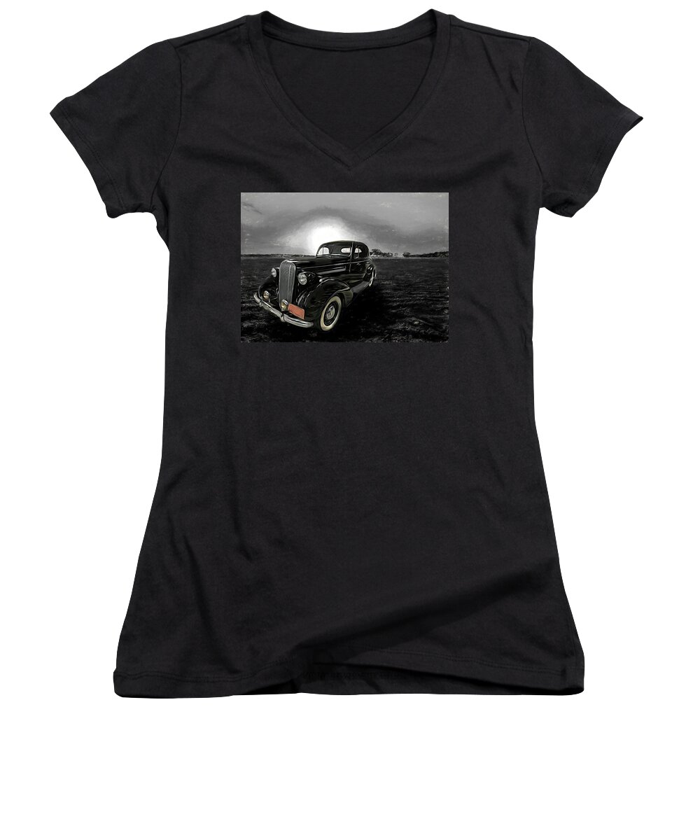 Classic Cars Women's V-Neck featuring the mixed media Vintage 1936 Buick Classic Motorcar Sunset Beach by Joan Stratton