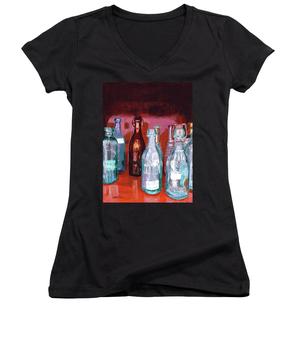 Glass Bottles Women's V-Neck featuring the painting Vintage Bottles by Lynne Reichhart
