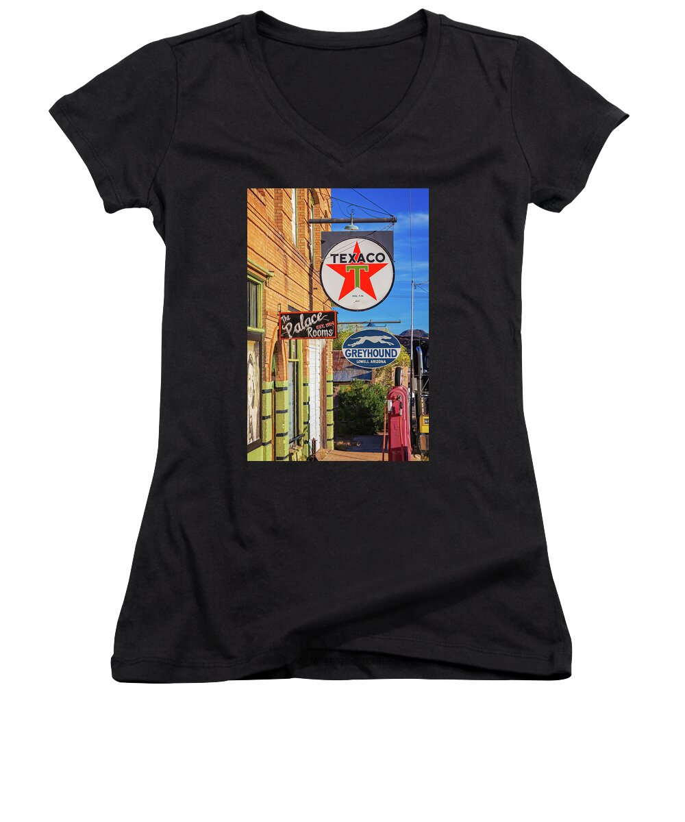 Bisbee Women's V-Neck featuring the photograph Vintage signs in Bisbee, Arizona by Tatiana Travelways