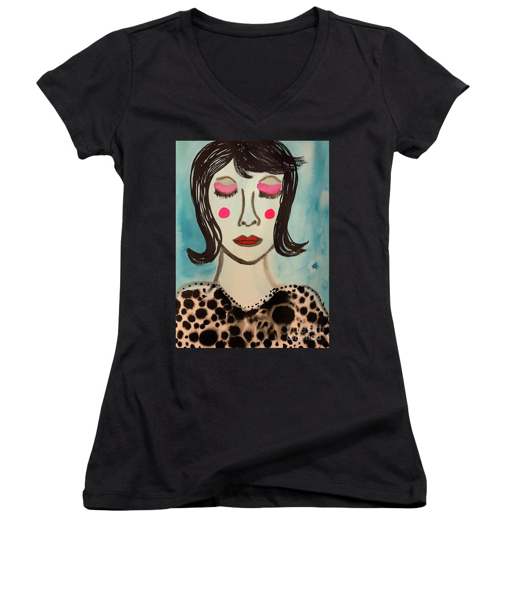 Woman Portrait Women's V-Neck featuring the painting Woman In Blue by Christine Perry