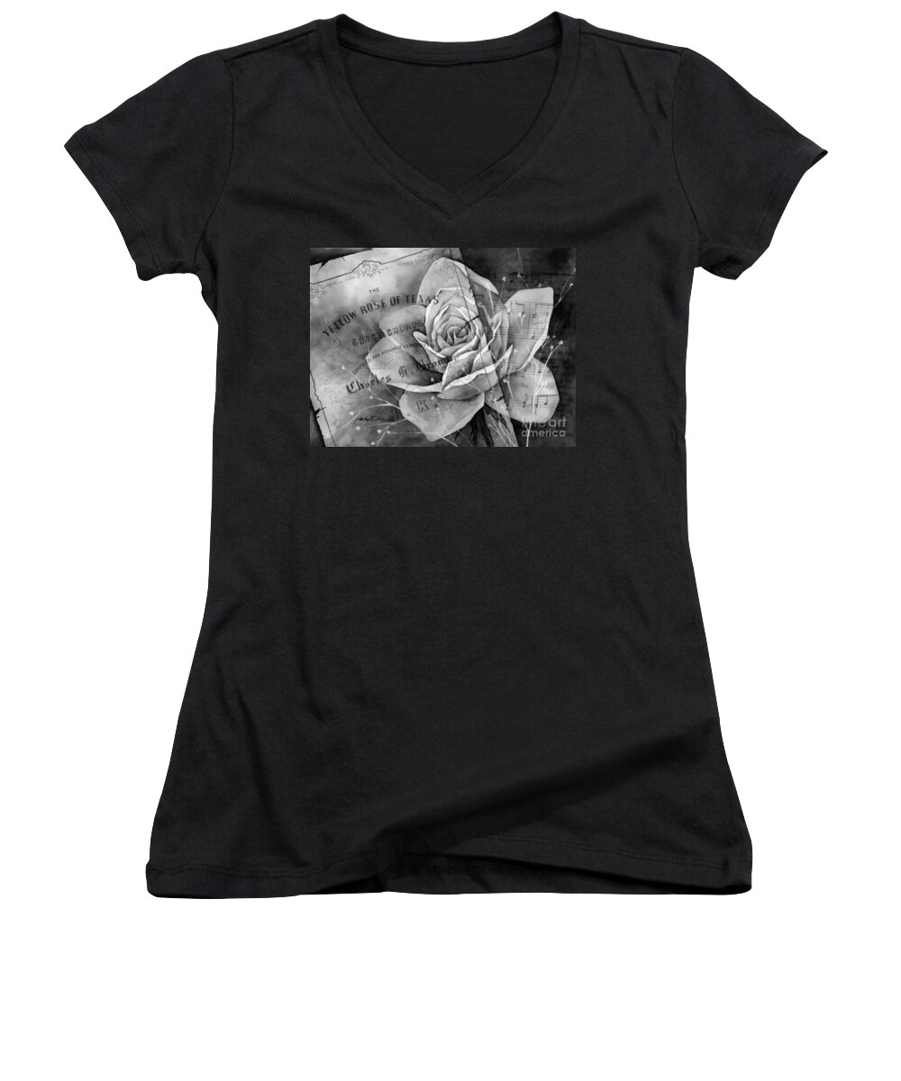 Rose Women's V-Neck featuring the painting Yellow Rose of Texas in Black and White by Hailey E Herrera