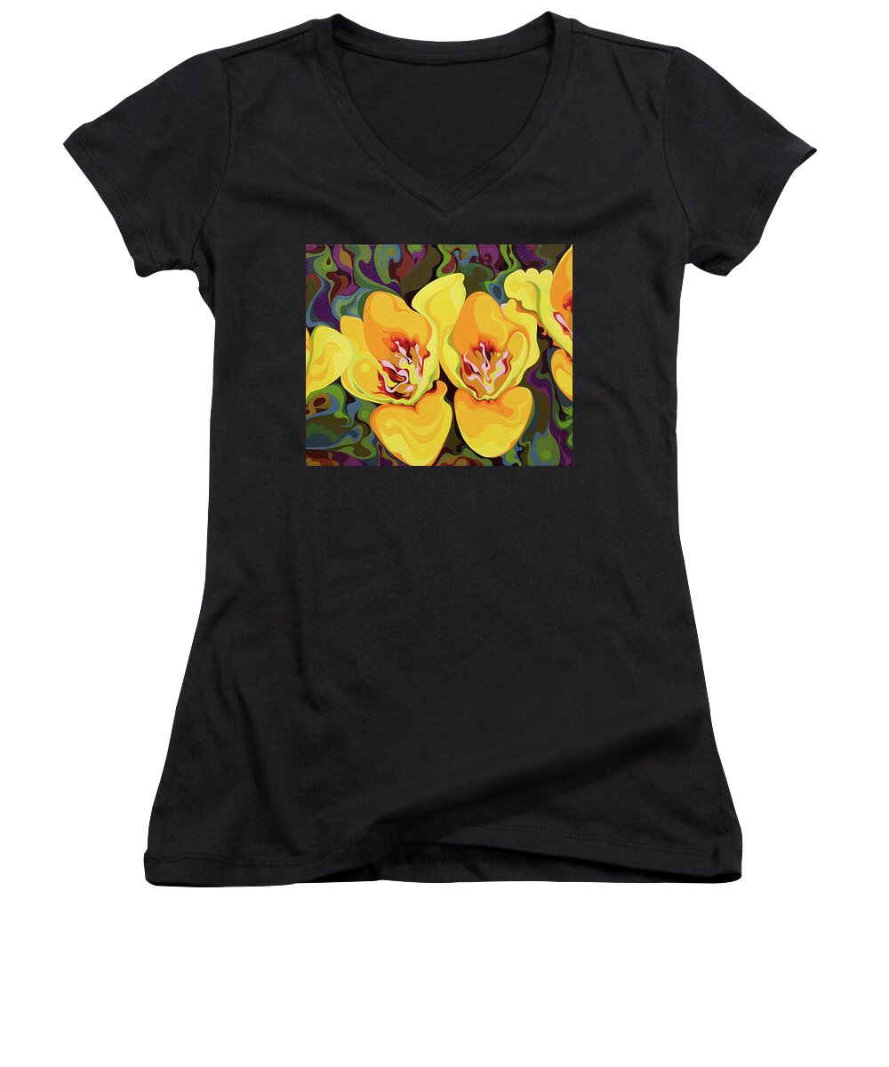 Yellow Women's V-Neck featuring the painting Yellow Surprise by Amy Ferrari