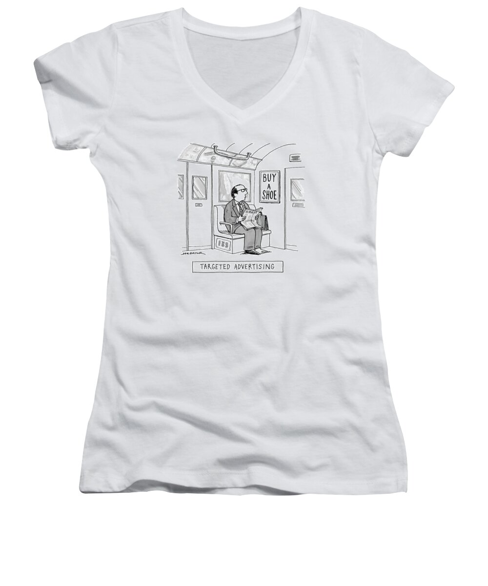 Targeted Advertising Women's V-Neck featuring the drawing Targeted Advertising A Man Sits On The Subway by Joe Dator
