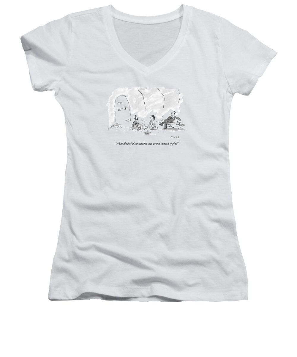 Cave Women's V-Neck featuring the drawing A Caveman And Cavewoman Sit On The Floor #1 by Liza Donnelly