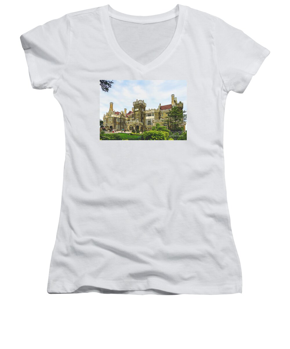 Casa Loma Women's V-Neck featuring the photograph Casa Loma in Toronto #1 by Les Palenik