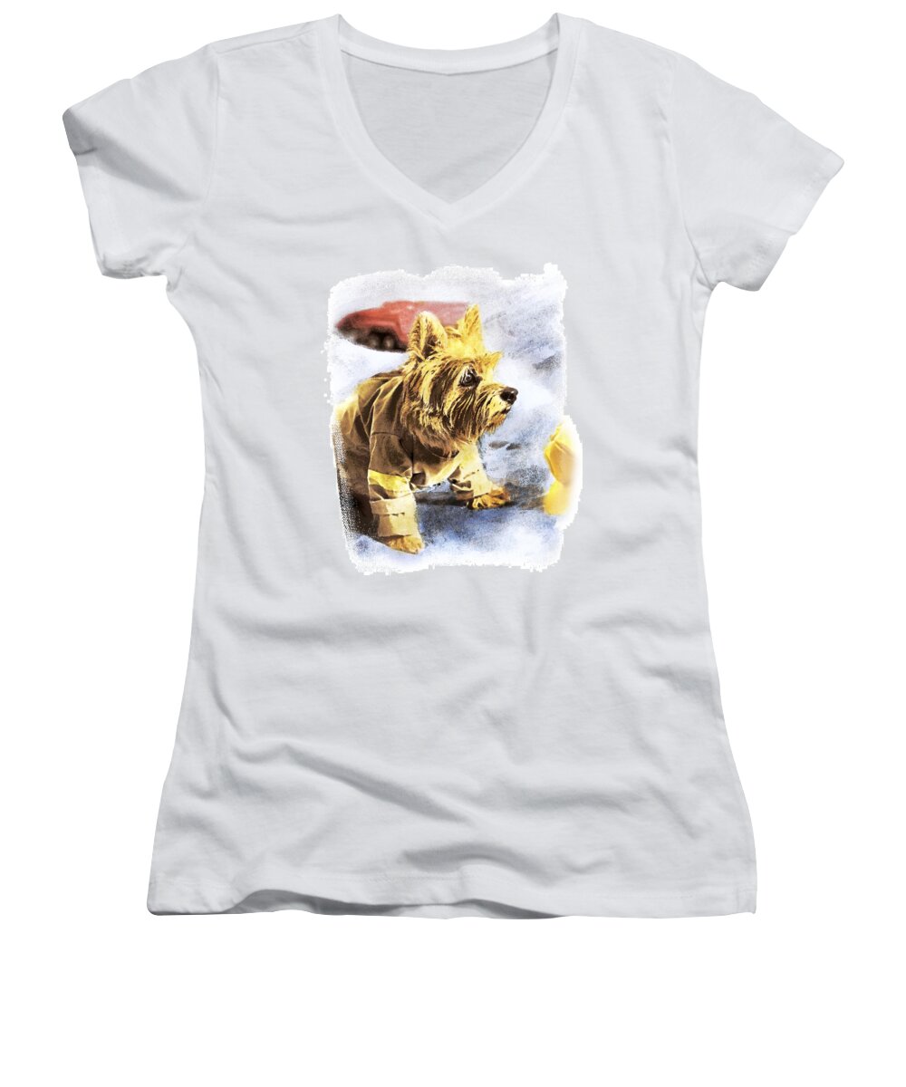 Watercolor Dog Women's V-Neck featuring the photograph Norwich Terrier Fire Dog #2 by Susan Stone