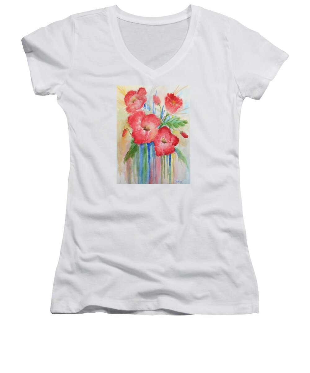 Red Women's V-Neck featuring the painting Poppies #2 by Christine Lathrop