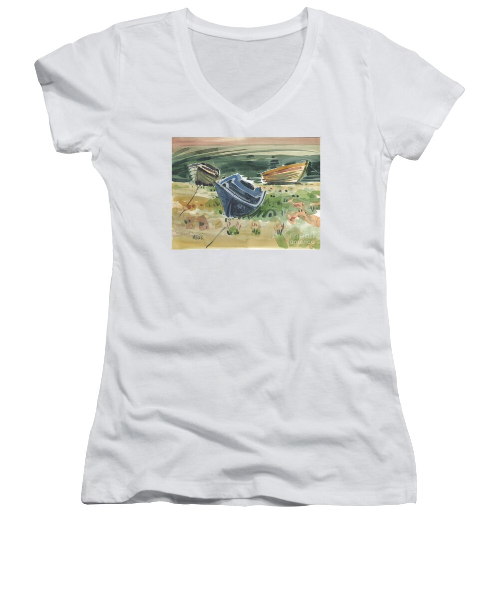 Boats Women's V-Neck featuring the painting Three Boats by Donald Maier