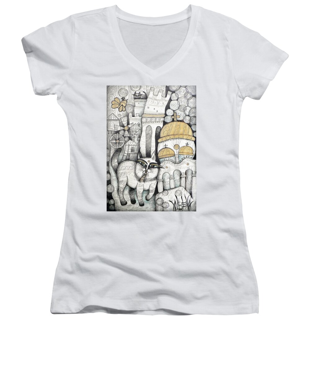 Albena Women's V-Neck featuring the drawing Villages Of My Childhood by Albena Vatcheva