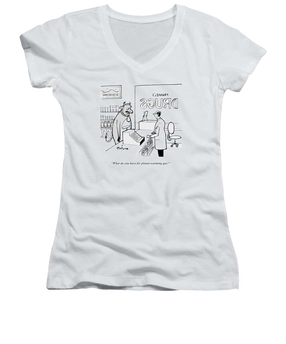 What Do You Have For Planet-warming Gas?' Women's V-Neck featuring the drawing What Do You Have For Planet-warming Gas #1 by Kaamran Hafeez