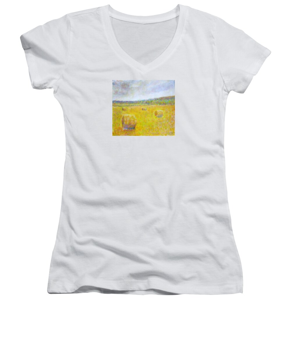 Impressionism Women's V-Neck featuring the painting Wheat Bales at Harvest by Glenda Crigger