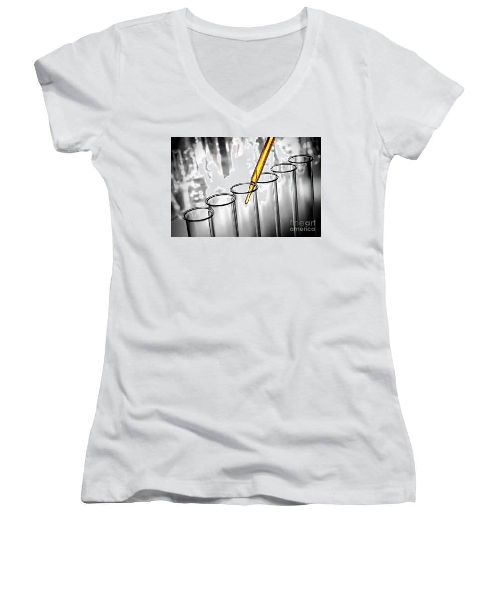Test Women's V-Neck featuring the photograph Laboratory Test Tubes in Science Research Lab #13 by Science Research Lab