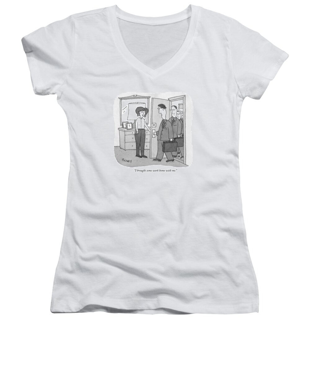 Offices Women's V-Neck featuring the drawing I Brought Some Work Home With Me by Peter C. Vey