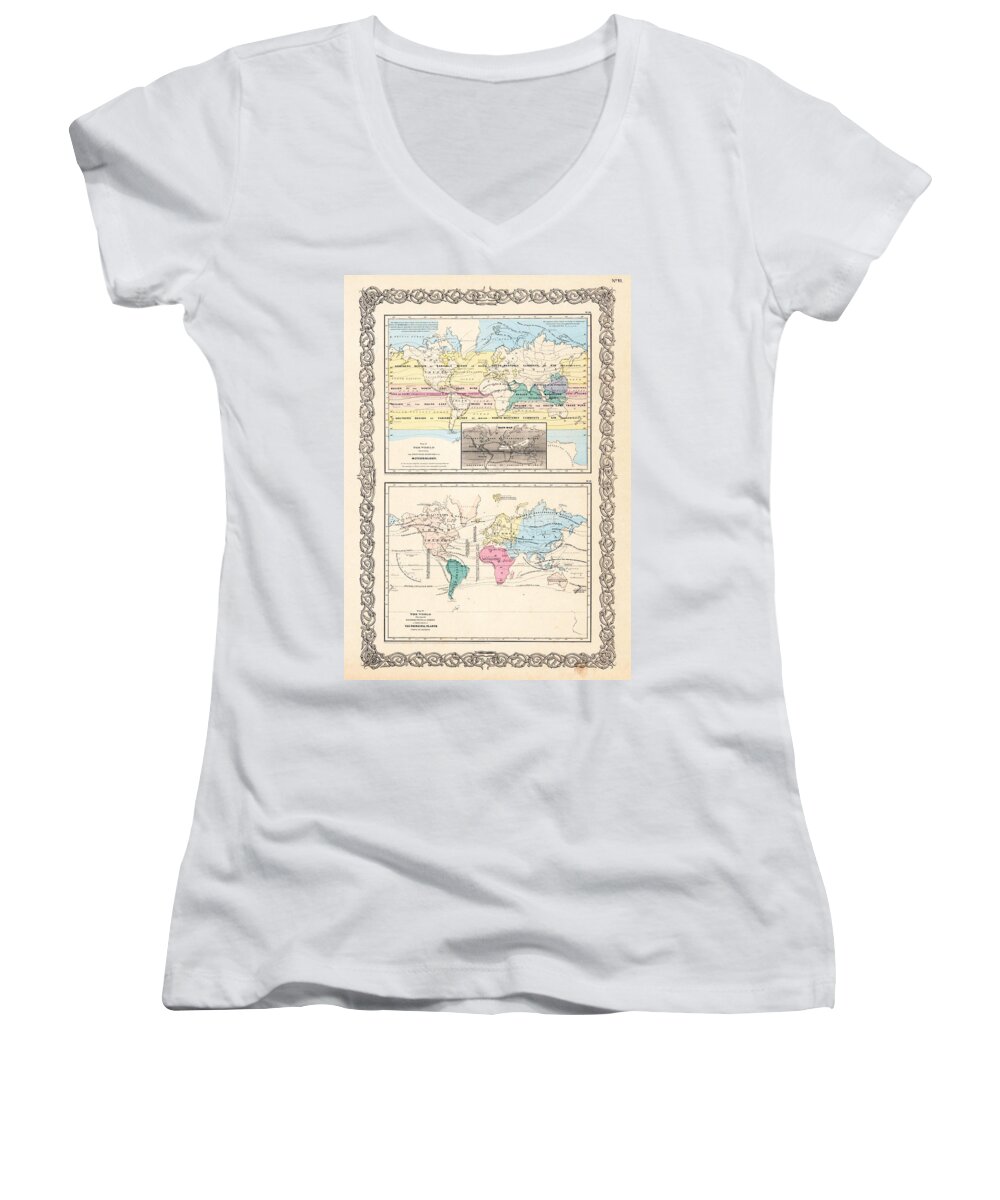 1855 Women's V-Neck featuring the photograph 1855 Antique World Maps Illustrating Principal Features of Meteorology Rain and Principal Plants by Karon Melillo DeVega
