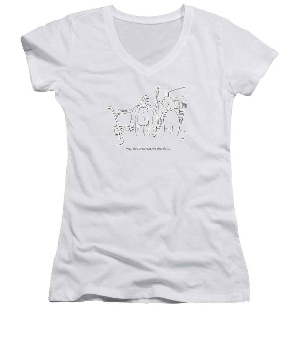 Regional Iraq Word Play Problems Modern Life

(man At Gas Station Talking To A Woman.) 120723 Msh Michael Shaw Women's V-Neck featuring the drawing Now I Wish The War Had Been About The Oil by Michael Shaw