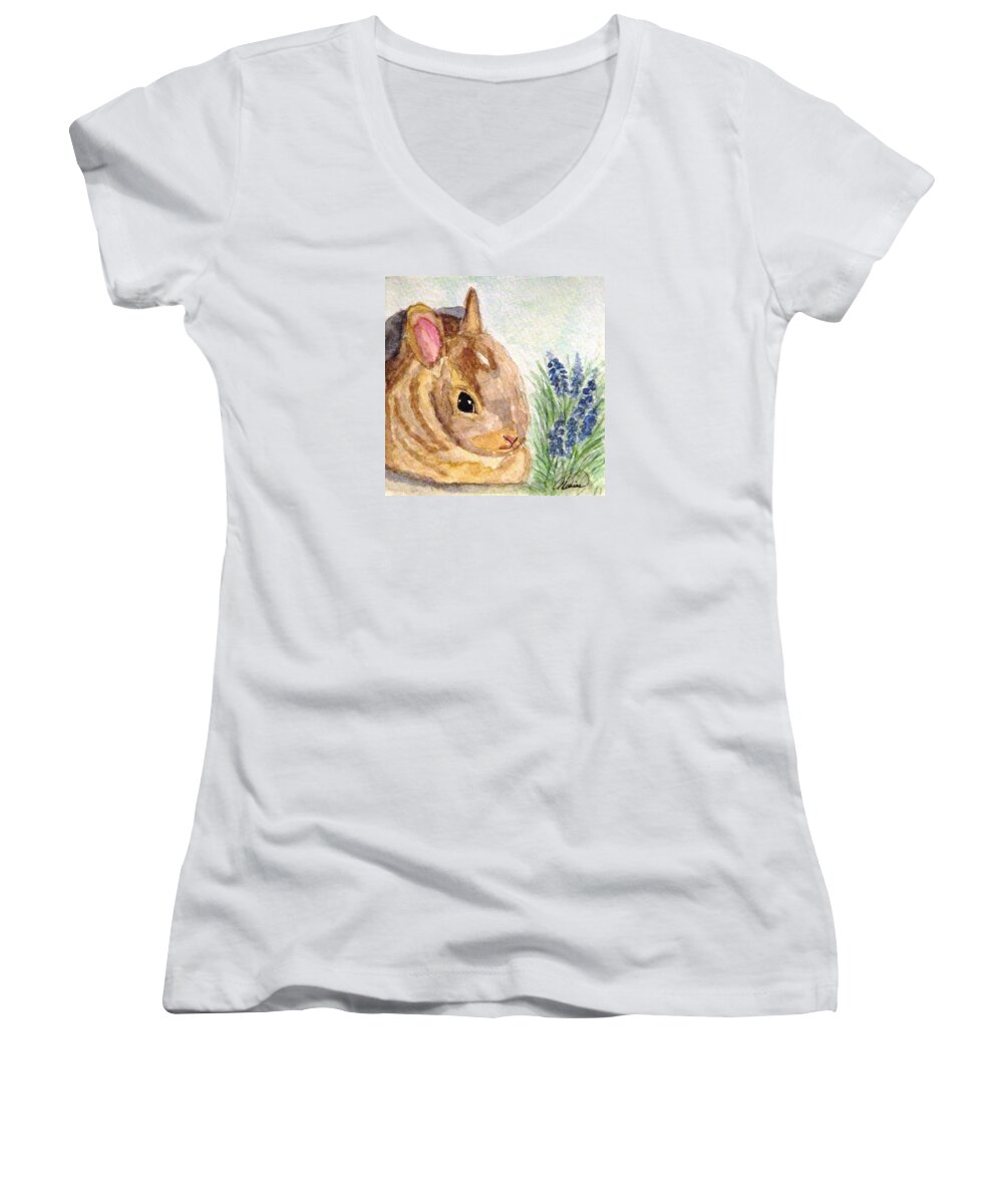 Bunny Women's V-Neck featuring the painting A Baby Bunny by Angela Davies