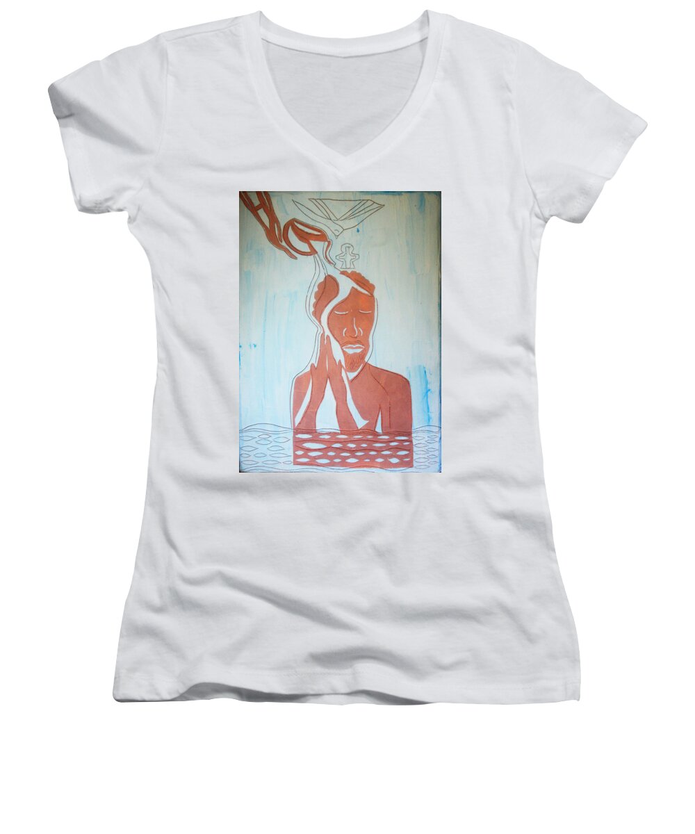 Jesus Women's V-Neck featuring the painting Baptism of the Lord Jesus #2 by Gloria Ssali