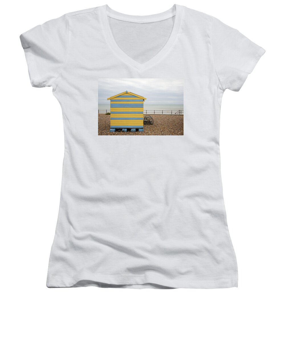Kingsdown Women's V-Neck featuring the photograph Beach hut at Kingsdown #2 by Ian Middleton