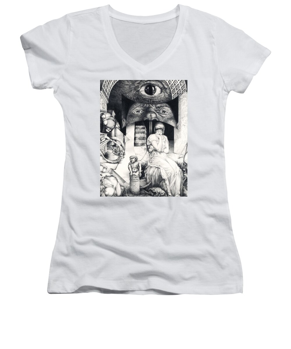 Surreal Women's V-Neck featuring the drawing Vindobona Altarpiece IIi - Snakes And Ladders by Otto Rapp