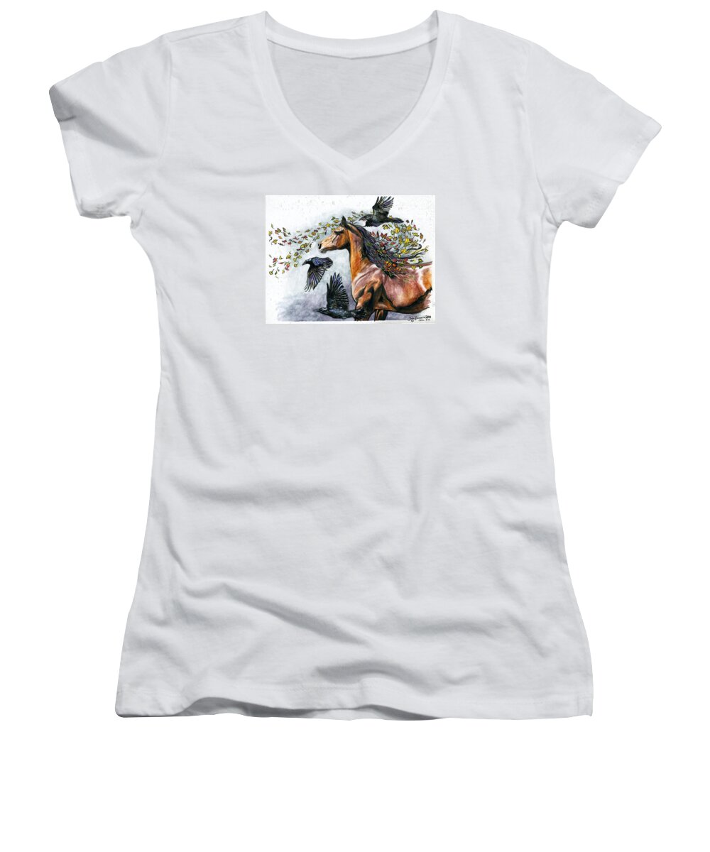 Horse Women's V-Neck featuring the painting Wind by Shaila Yovan Tenorio