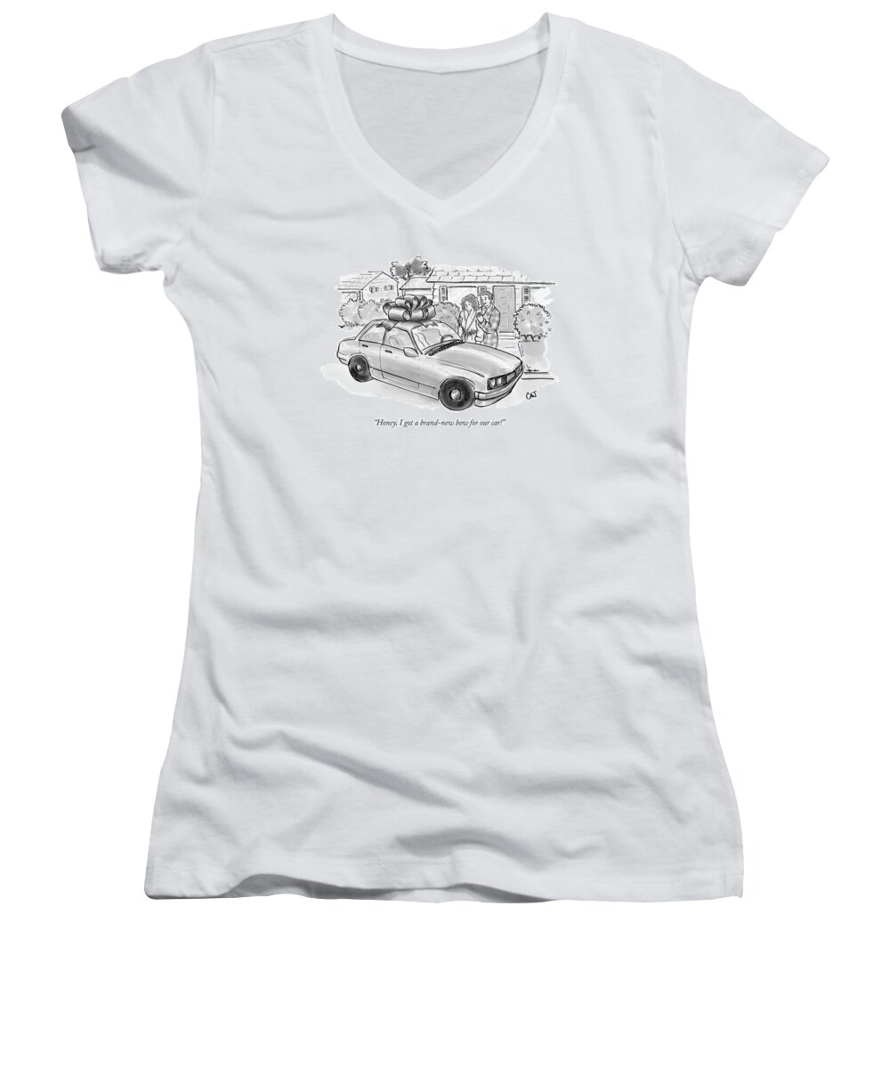 Relationships Consumerism Couple

(couple Looking At Car With Large Bow On Roof.) 122599 Cjo Carolita Johnson Women's V-Neck featuring the drawing Honey, I Got A Brand-new Bow For Our Car! by Carolita Johnson