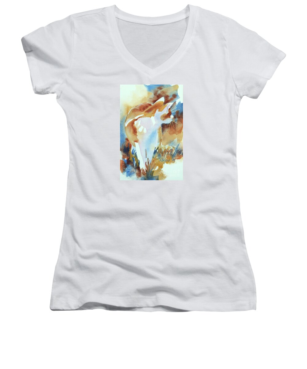 Paintings Women's V-Neck featuring the painting 2004 Cat on the Prowl I by Kathy Braud