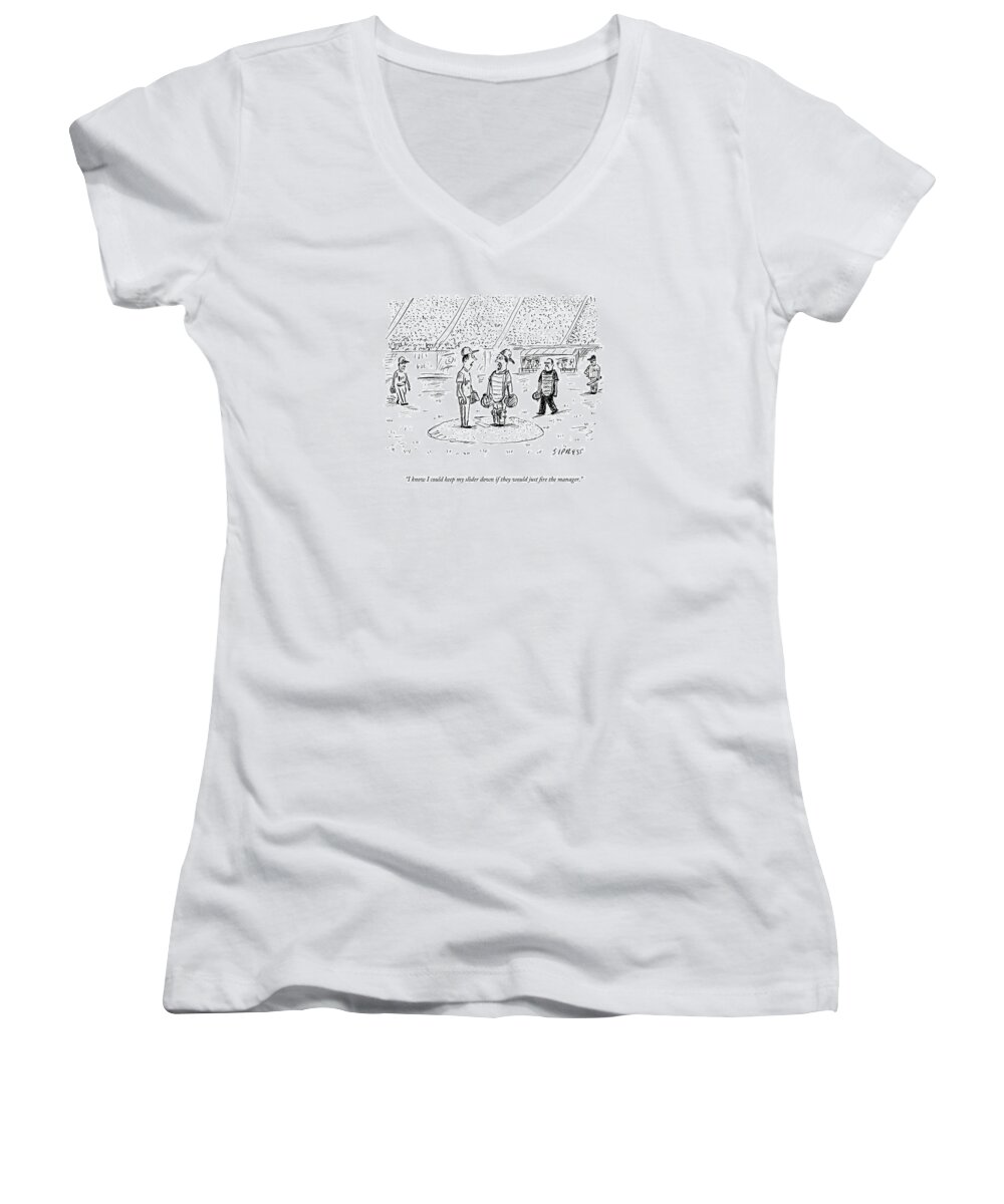 Baseball Women's V-Neck featuring the drawing I Know I Could Keep My Slider Down If by David Sipress