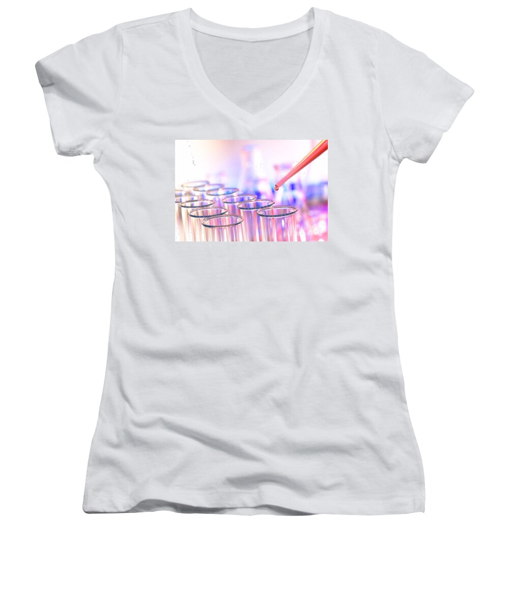 Test Women's V-Neck featuring the photograph Laboratory Test Tubes in Science Research Lab #40 by Science Research Lab