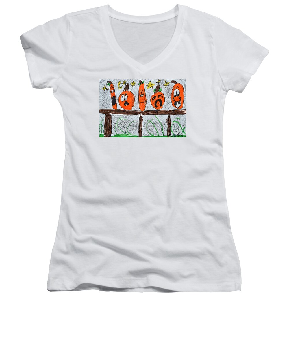 Pumpkins Women's V-Neck featuring the painting 5 Little Pumpkins by Greg Moores