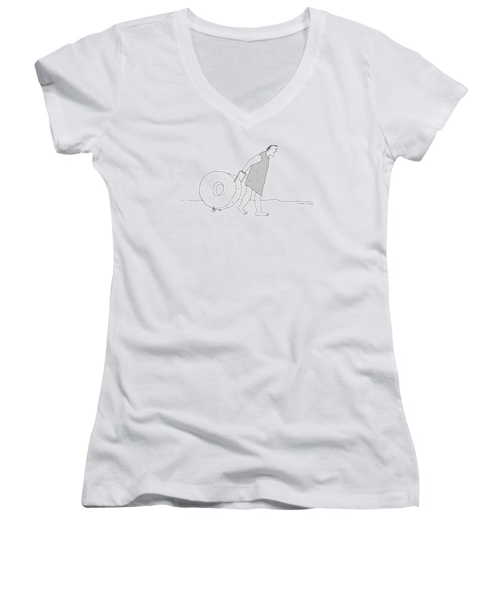 Caveman Women's V-Neck featuring the drawing New Yorker December 19th, 2016 by Liana Finck