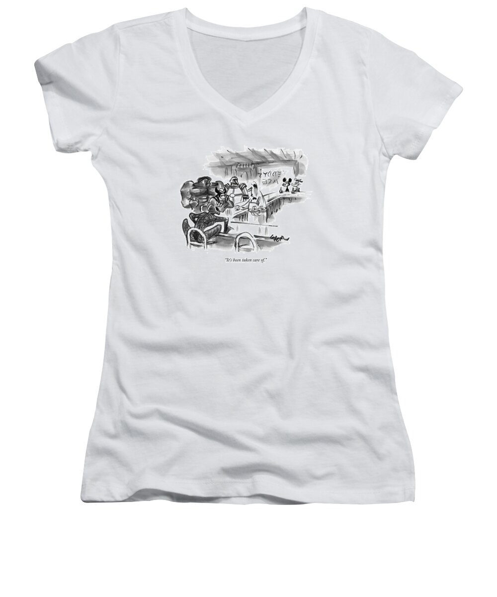 Bar Women's V-Neck featuring the drawing New Yorker September 14th, 2009 by Lee Lorenz