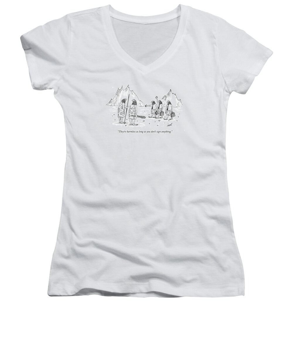 

(two Cavemen Discussing Caveman Lawyers) 121261 Tch Tom Cheney Women's V-Neck featuring the drawing They're Harmless As Long As You Don't Sign by Tom Cheney