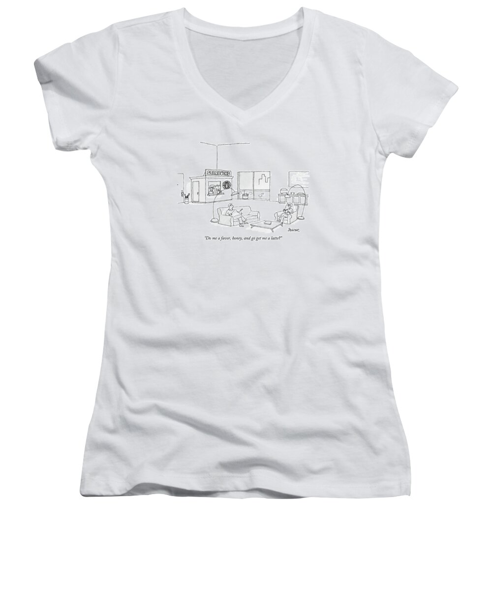 Interiors Coffee Trendy Lazy Shop Relax Husband Wife Relationship

(couple In Large Loft With Their Own 'starbucks' Cafe In The Corner Of The Room.) 121822 Jzi Jack Ziegler Women's V-Neck featuring the drawing Do Me A Favor by Jack Ziegler