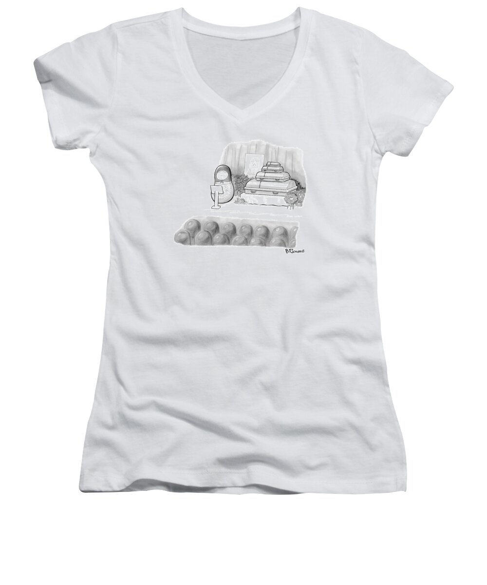 Eulogy Women's V-Neck featuring the drawing A Babushka Doll Gives The Eulogy For Another by Benjamin Schwartz