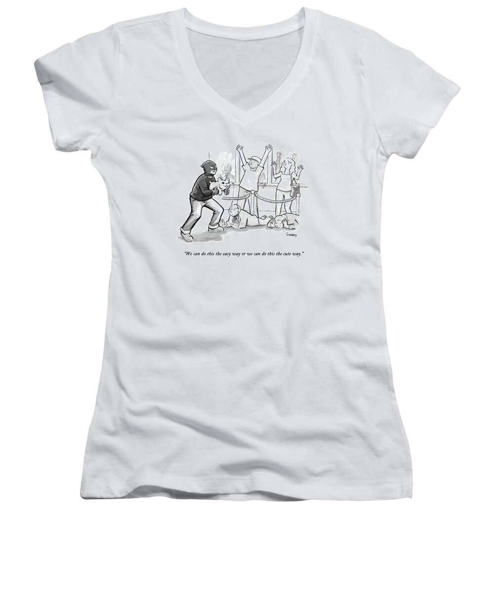 Hello Kitty Women's V-Neck featuring the drawing A Bank Robber Points A Hellokitty Doll At Scared by Benjamin Schwartz
