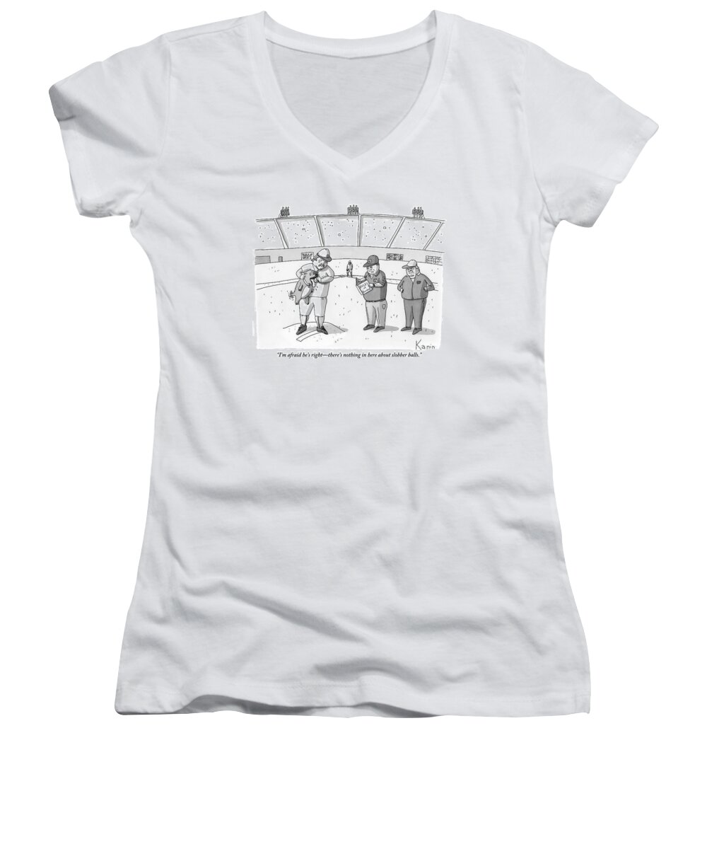 Baseball Women's V-Neck featuring the drawing A Baseball Player Holds Up A Panting Dog by Zachary Kanin