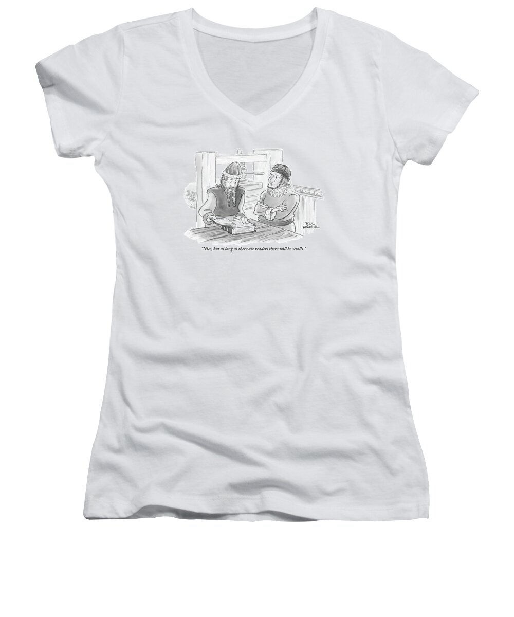 Books Women's V-Neck featuring the drawing A Bearded Wise Man Looks Over A Book by Paul Karasik