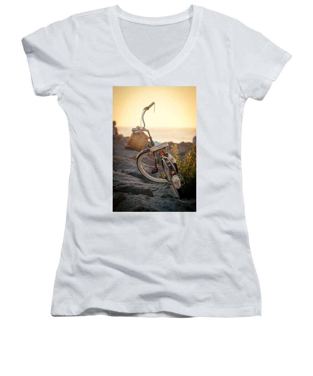 Beach Women's V-Neck featuring the photograph A Bike and Chi by Peter Tellone