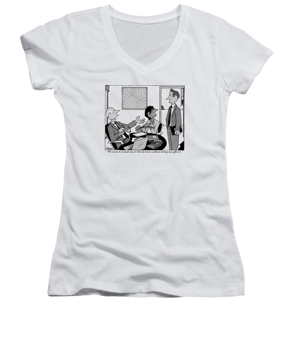 Businessmen Women's V-Neck featuring the drawing A Boss Addresses One Of His Employees by William Haefeli