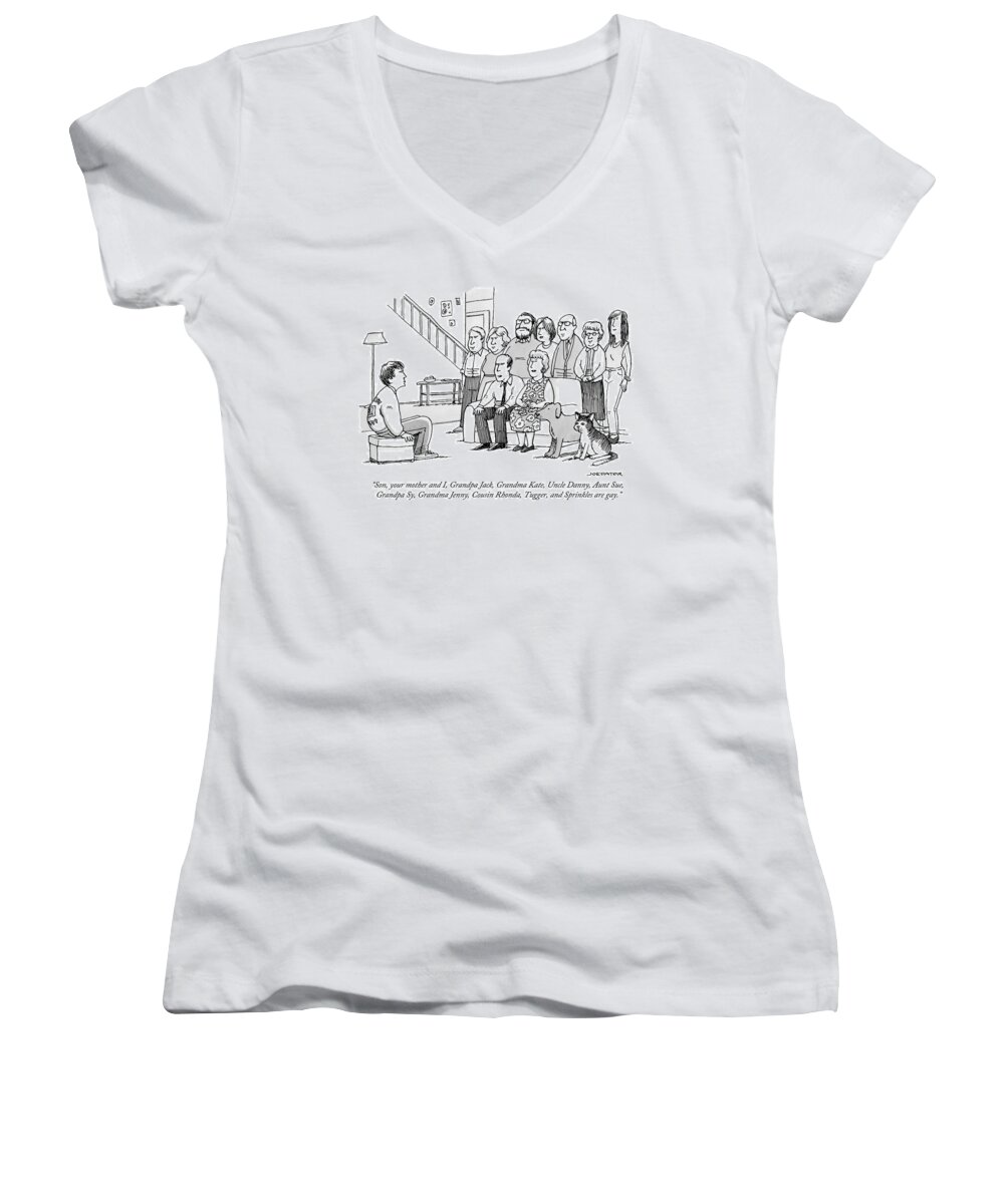 Son Women's V-Neck featuring the drawing A Boy Sits On An Ottoman In A House Facing by Joe Dator